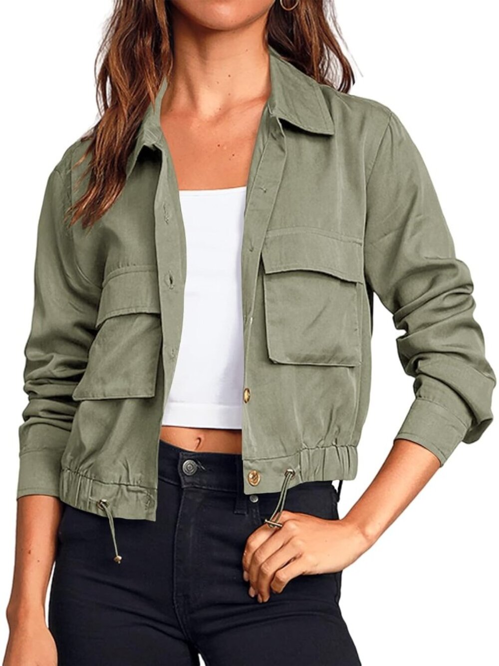 〽️Women's Army Green Lightweight Cropped Safari Jacket with Pockets
